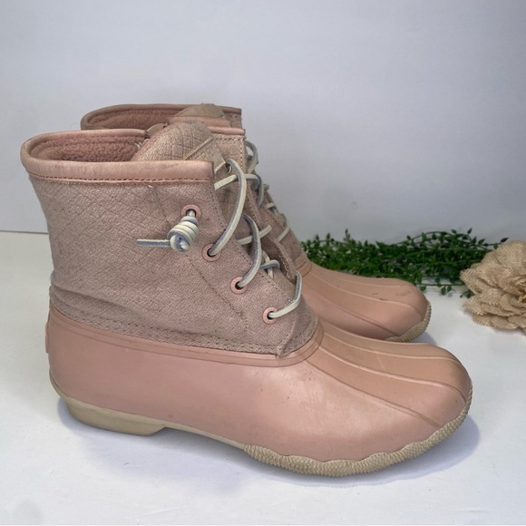 Sperry Top-Sider Saltwater Rain Duck Boots Rose Pink Size 8 Wool Emboss Lining - Picture 2 of 10